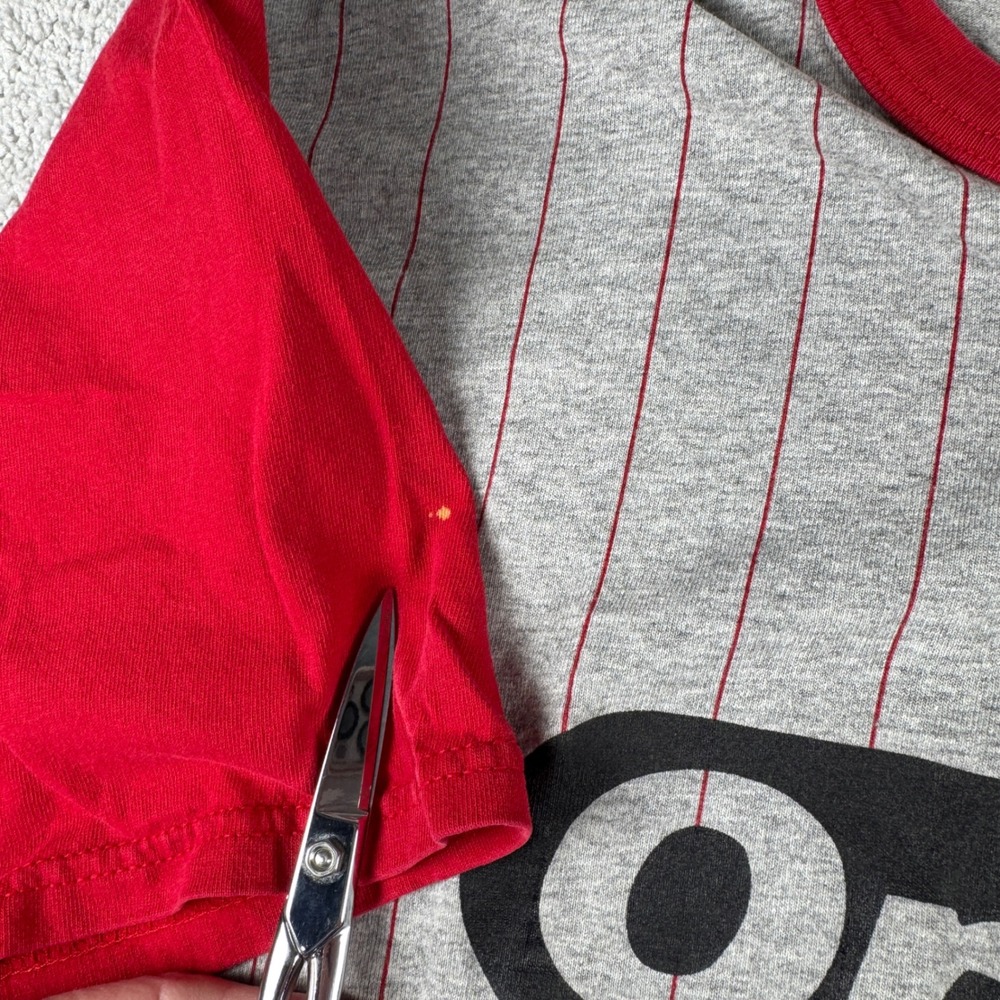 Vtg Oral-B Company Softball Jersey Henley Shirt Mens XL Gray Red Pinstripe Stain - Picture 12 of 16